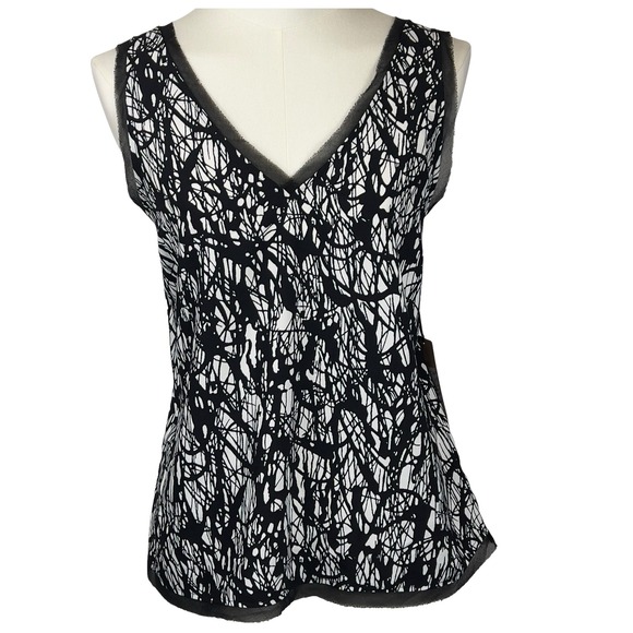 Halogen Tops - Halogen Abstract Print Tank Medium Black‎ White Sleeveless Raw Edge Trim NEW